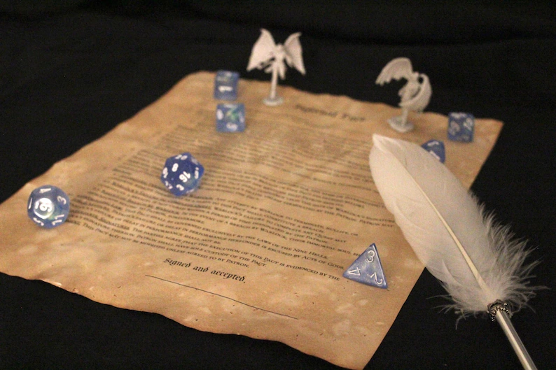 Photo of a weathered contract for a Warlock in Dungeons and Dragons to sign. The image features a white quill, blue Dungeons and Dragons dice over the page, and figurines of an incubus and a succubus near the contract's title. "Signed and accepted," is in focus near the contract's end.